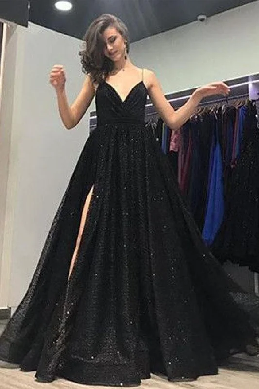 Beach party dresses made of lightweight and breathable fabricBall Gown V Neck Open Back Split Sequin Black Long Prom Dresses PG819 Beach party dresses made of lightweight and breathable fabricBall Gown V Neck Open Back Split Sequin Black Long Prom Dresses PG819