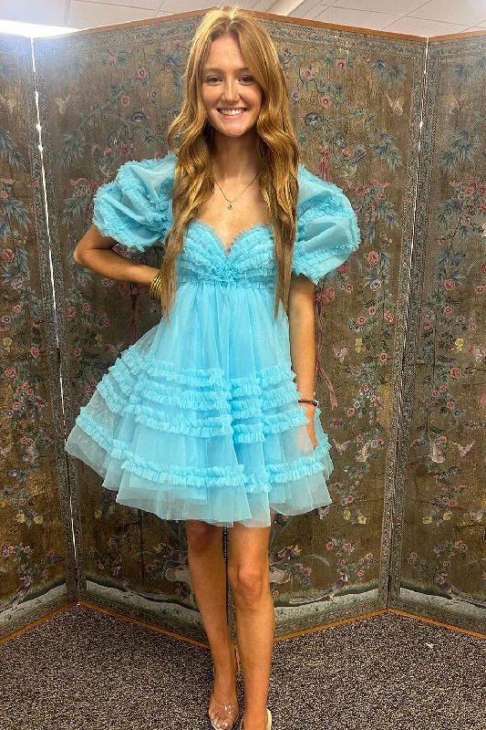 Tea - length party dresses for a sophisticated and versatile optionBlue A-Line Ruffled Puff Sleeves Tulle Short Prom Dress Tea - length party dresses for a sophisticated and versatile optionBlue A-Line Ruffled Puff Sleeves Tulle Short Prom Dress