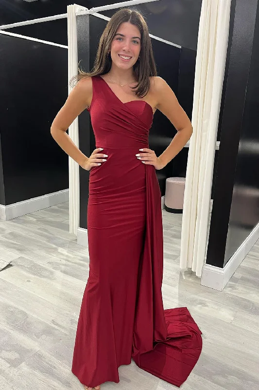 Tea - length formal dresses with lace trim for a semi - formal promBurgundy Sheath One Shoulder Long Prom Dress Tea - length formal dresses with lace trim for a semi - formal promBurgundy Sheath One Shoulder Long Prom Dress