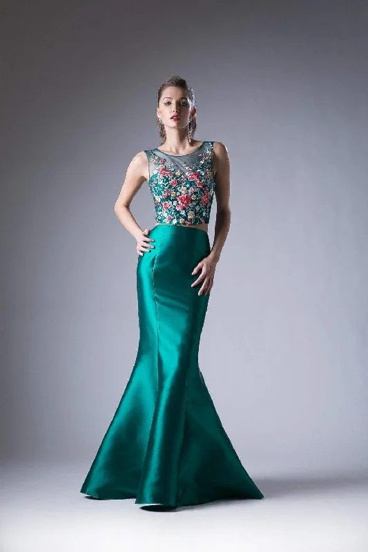 Formal dresses with ruched back panels and button - down fronts for a unique and flattering fitCinderella Divine - HW03 Two Piece Floral Appliqued Mermaid Gown