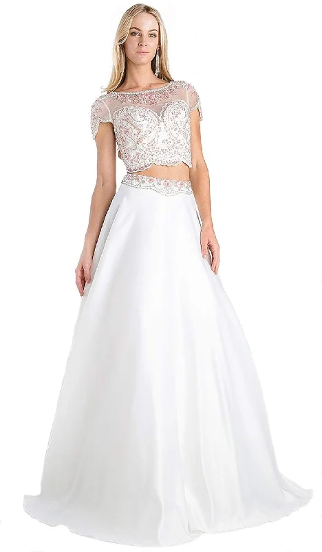Prom dresses with lace - up side panels and ruffled bodices for a feminine and detailed lookCinderella Divine - Lace Cap Sleeve Two-Piece Satin A-line Evening Gown Prom dresses with lace - up side panels and ruffled bodices for a feminine and detailed lookCinderella Divine - Lace Cap Sleeve Two-Piece Satin A-line Evening Gown