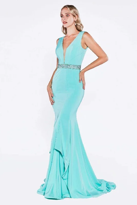 Formal dresses with one - shoulder ruffled straps and sequined bodices for a trendy and eye - catching lookCinderella Divine - P107 Bead Accented Deep V-neck Trumpet Dress Formal dresses with one - shoulder ruffled straps and sequined bodices for a trendy and eye - catching lookCinderella Divine - P107 Bead Accented Deep V-neck Trumpet Dress