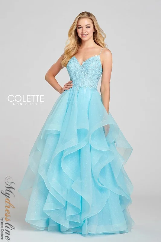 Prom dresses with one - shoulder ruffled straps and geometric patterns for a contemporary and eye - catching formal eventColette CL12129