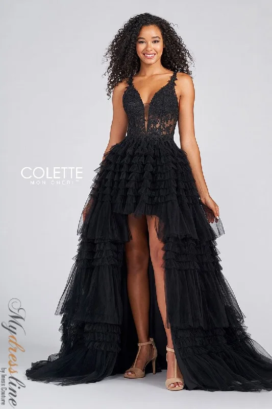 Prom dresses with tiered ruffled sleeves and satin skirts for a feminine and voluminous lookColette CL12281 Prom dresses with tiered ruffled sleeves and satin skirts for a feminine and voluminous lookColette CL12281