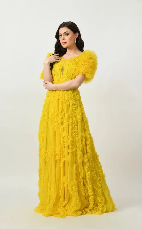Prom dresses with tiered ruffled sleeves and satin skirts for a feminine and voluminous lookCouture Fashion by FG CF242503108 Dress
