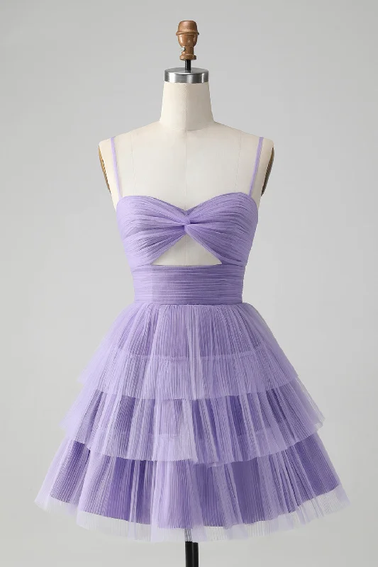 Backless party dresses for a sexy and alluring appearance​Cute Purple A Line Spaghetti Straps Tulle Tiered Party Dress