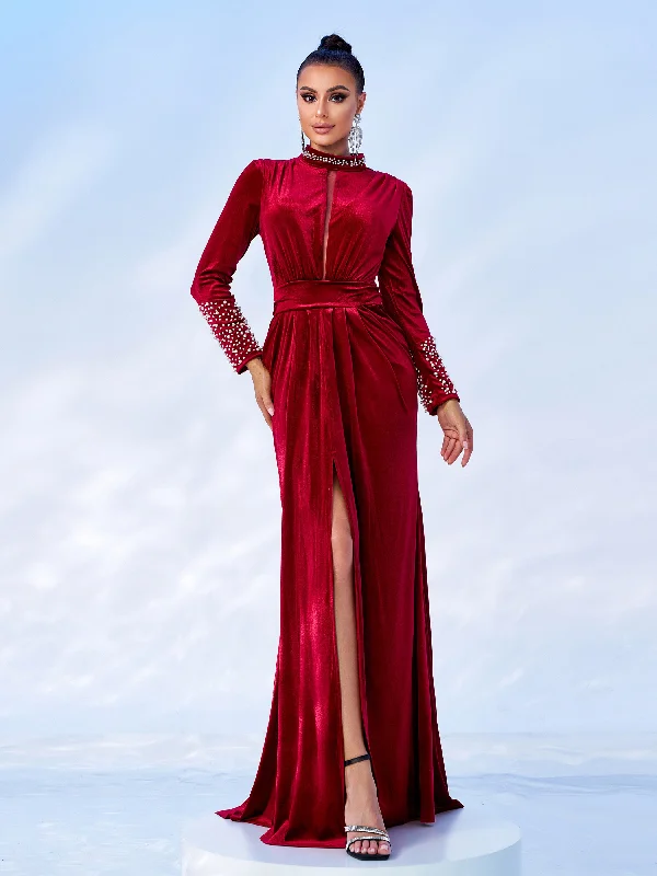 Prom dresses with gathered skirts and crystal - encrusted belts for a luxurious promCutout Beaded Long Sleeve Velvet Prom Dress RJ11975 Prom dresses with gathered skirts and crystal - encrusted belts for a luxurious promCutout Beaded Long Sleeve Velvet Prom Dress RJ11975