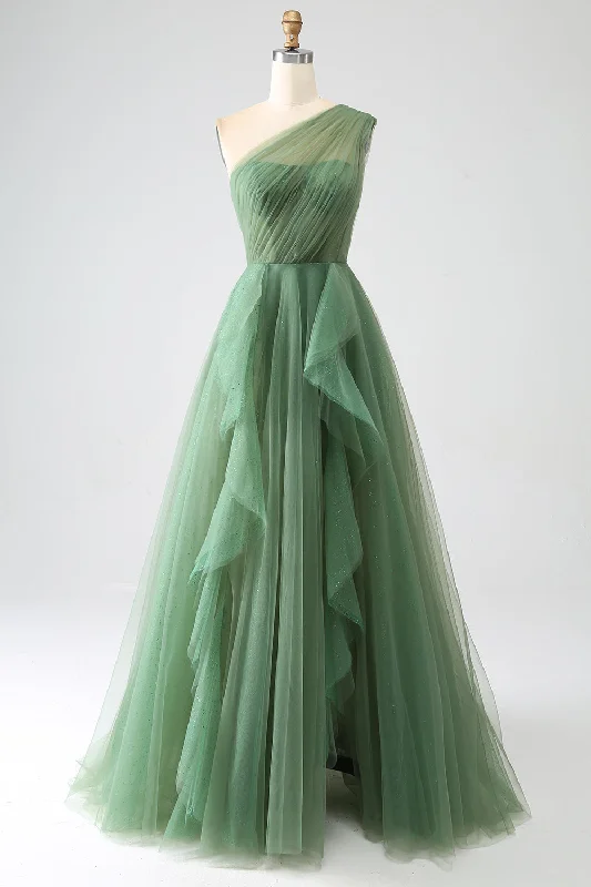 Dark Green Tulle A-Line One-Shoulder Long Prom Dress