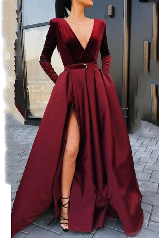 Party dresses with a polka - dot pattern for a classic and playful styleDeep V Neck Long Sleeves Burgundy Floor-Length Prom/Evening Dress PG812 Party dresses with a polka - dot pattern for a classic and playful styleDeep V Neck Long Sleeves Burgundy Floor-Length Prom/Evening Dress PG812