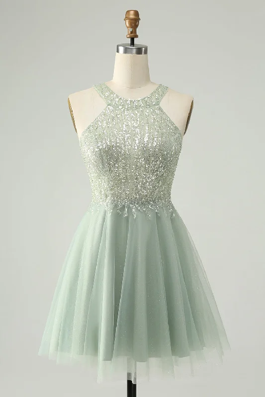 Party dresses with a ruched fabric for a textured and flattering effectDusty Green Halter Sequins A Line Cocktail Dress Party dresses with a ruched fabric for a textured and flattering effectDusty Green Halter Sequins A Line Cocktail Dress