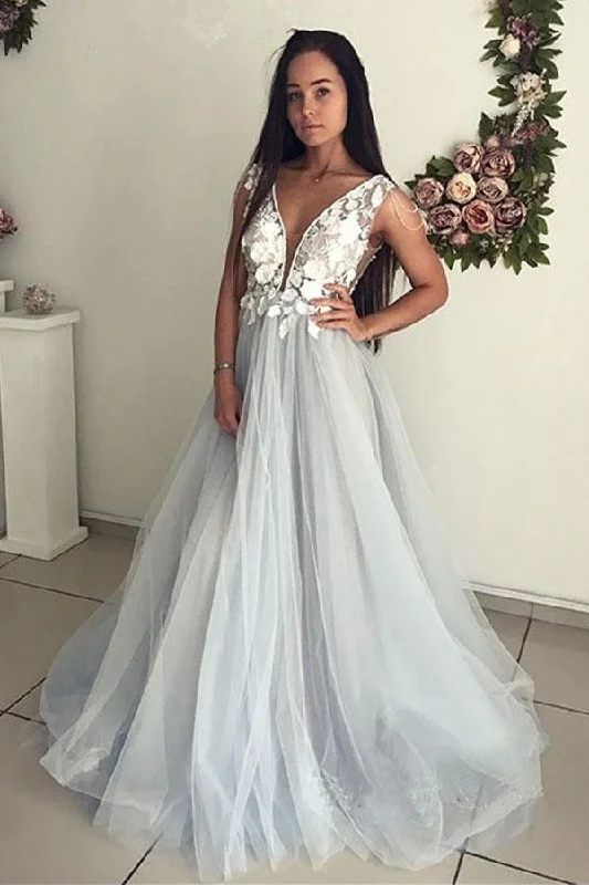 Party dresses with a denim material for a casual yet stylish lookElegant V-Neck Sleeveless Evening Dresses Lace Appliques Tulle Prom Dress PG813 Party dresses with a denim material for a casual yet stylish lookElegant V-Neck Sleeveless Evening Dresses Lace Appliques Tulle Prom Dress PG813