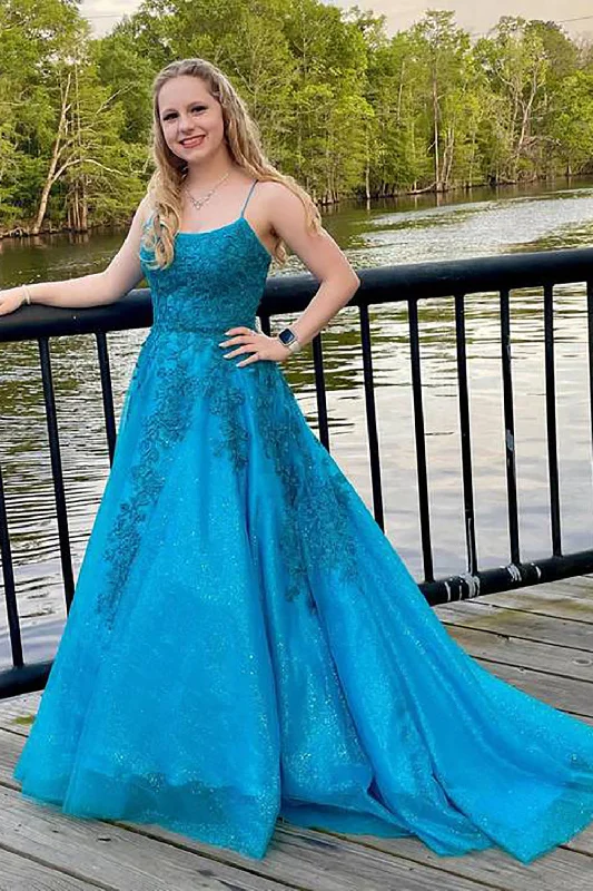 Party dresses with a bow detail for a cute and charming touchGlitter A-Line Lace-Up Back Blue Ball Gown with Appliques Party dresses with a bow detail for a cute and charming touchGlitter A-Line Lace-Up Back Blue Ball Gown with Appliques