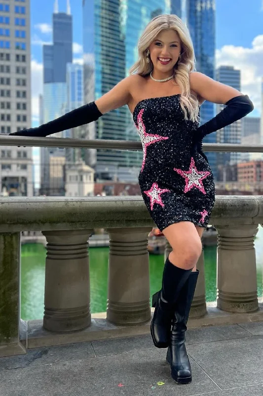 Party dresses with a one - shoulder design for a modern and unique lookGlitter Black Strapless Sequins Tight Short Prom Dress Party dresses with a one - shoulder design for a modern and unique lookGlitter Black Strapless Sequins Tight Short Prom Dress