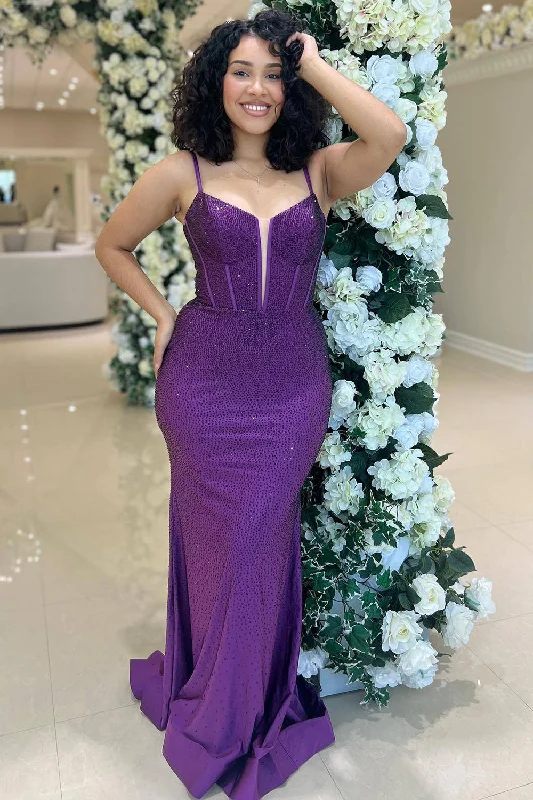 Formal dresses with button - front designs and tulle skirts for a charming prom styleGlitter Dark Purple Mermaid Long Corset Prom Dress Formal dresses with button - front designs and tulle skirts for a charming prom styleGlitter Dark Purple Mermaid Long Corset Prom Dress