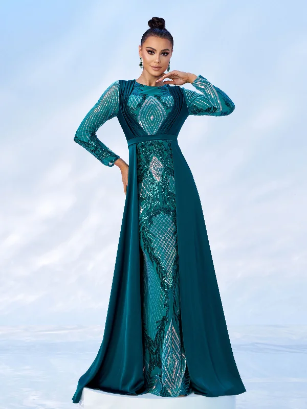 Prom dresses with geometric - cutout sleeves and flowing chiffon fabrics for a modern and airy lookGreen Cape Geometric Sequin Dress MES00577