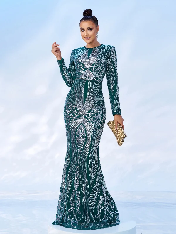 Mermaid - cut formal dresses in satin for a glamorous prom nightGreen Geometric Sequin Long Sleeve Dress MES00629 Mermaid - cut formal dresses in satin for a glamorous prom nightGreen Geometric Sequin Long Sleeve Dress MES00629
