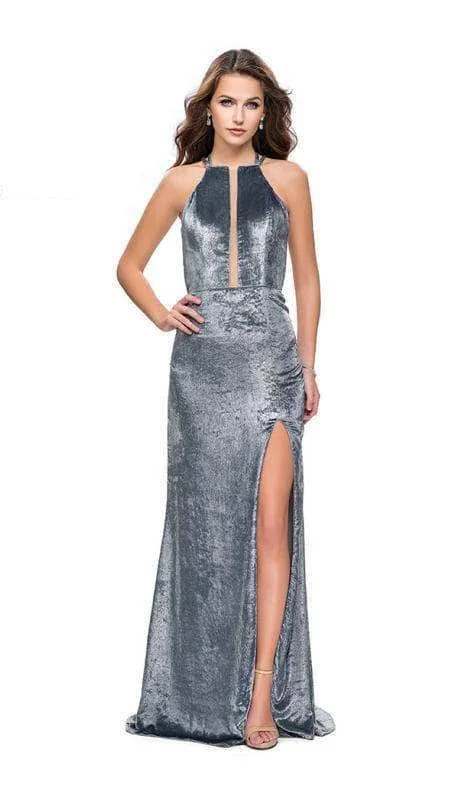 Formal dresses with asymmetric ruffled hems and high - low designs for a fashion - forward and dynamic appearanceLa Femme - Velvet High Halter Evening Dress 25861SC Formal dresses with asymmetric ruffled hems and high - low designs for a fashion - forward and dynamic appearanceLa Femme - Velvet High Halter Evening Dress 25861SC