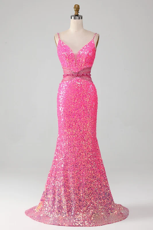 Fuchsia Spaghetti Straps Glitter Mermaid Prom Dress with Beading Waist