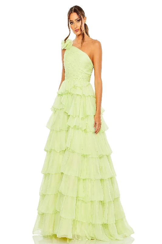 Tea - length formal dresses with lace trim for a semi - formal promMac Duggal 67979