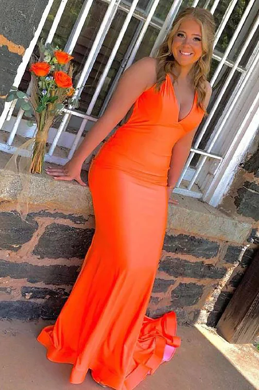 Party dresses with a mermaid silhouette for a figure - hugging fitMermaid Deep V-Neck Backless Orange Prom Dress Party dresses with a mermaid silhouette for a figure - hugging fitMermaid Deep V-Neck Backless Orange Prom Dress