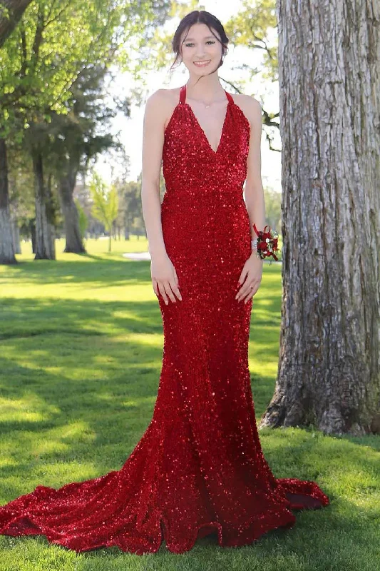 Party dresses with a tiered skirt for a fun and voluminous styleMermaid Halter Sequins Backless Red Prom Dress Party dresses with a tiered skirt for a fun and voluminous styleMermaid Halter Sequins Backless Red Prom Dress