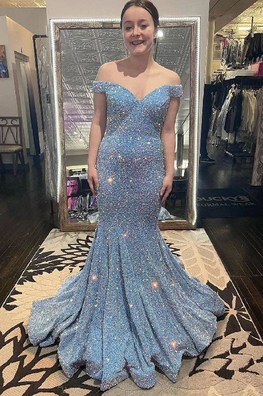 Party dresses with a detachable train for added versatilityMermaid Off The Shoulder Lace-Up Back Light Blue Prom Dress with Sequins Party dresses with a detachable train for added versatilityMermaid Off The Shoulder Lace-Up Back Light Blue Prom Dress with Sequins