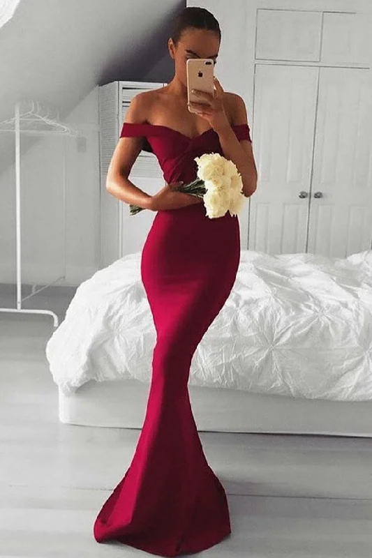 Plus - size party dresses with a flattering cut for all body typesMermaid Off-the-Shoulder Sweep Train Burgundy Satin Prom Dress PG792 Plus - size party dresses with a flattering cut for all body typesMermaid Off-the-Shoulder Sweep Train Burgundy Satin Prom Dress PG792