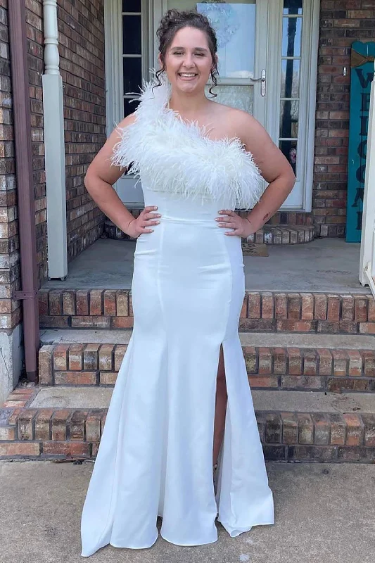 Evening party dresses with a long train for a dramatic entranceMermaid One Shoulder White Prom Dress with Feathers Evening party dresses with a long train for a dramatic entranceMermaid One Shoulder White Prom Dress with Feathers