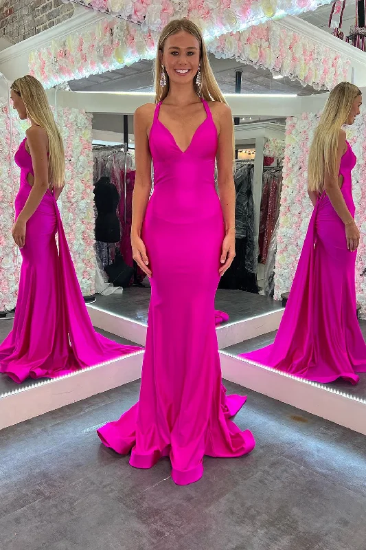 Mermaid Satin Halter Fuchsia Long Prom Dress