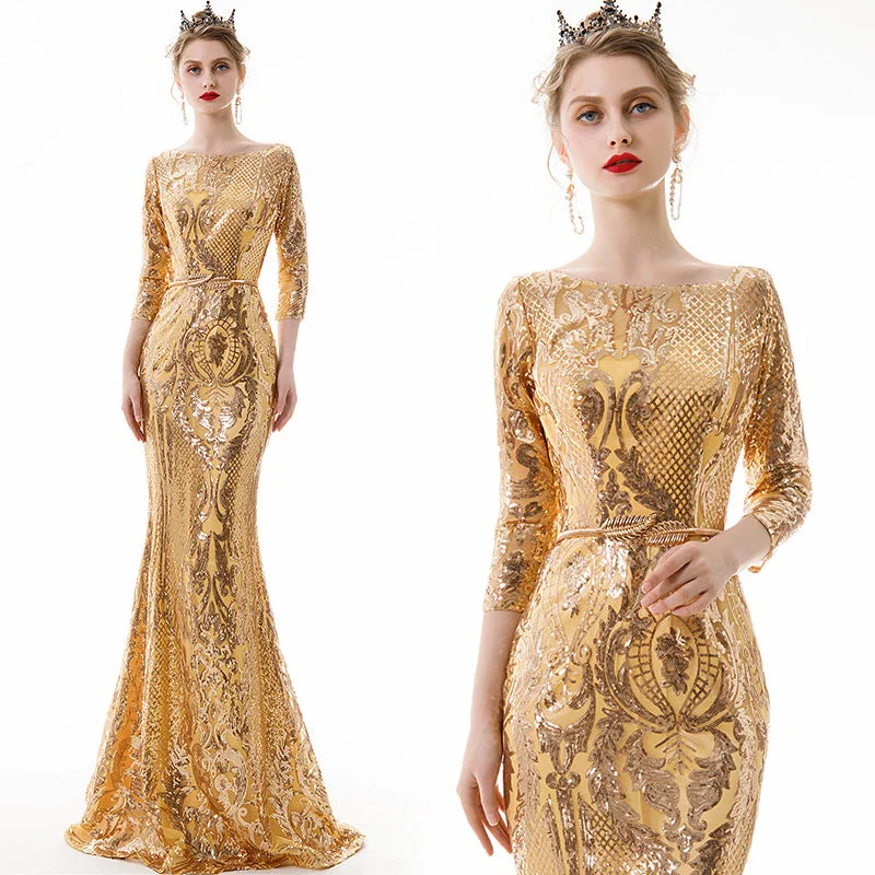 Mid Sleeve Gold Mermaid Sequin Women Evening Dress  o neck party formal Long night dresses drop shipping fulfill