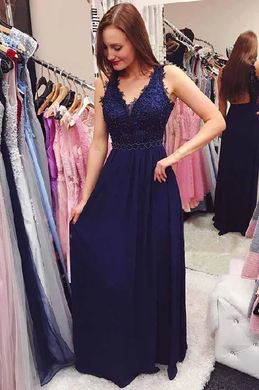 Party dresses with a detachable train for added versatilityNavy Blue Beading Chiffon Long Prom Dress with Open Back PG828 Party dresses with a detachable train for added versatilityNavy Blue Beading Chiffon Long Prom Dress with Open Back PG828
