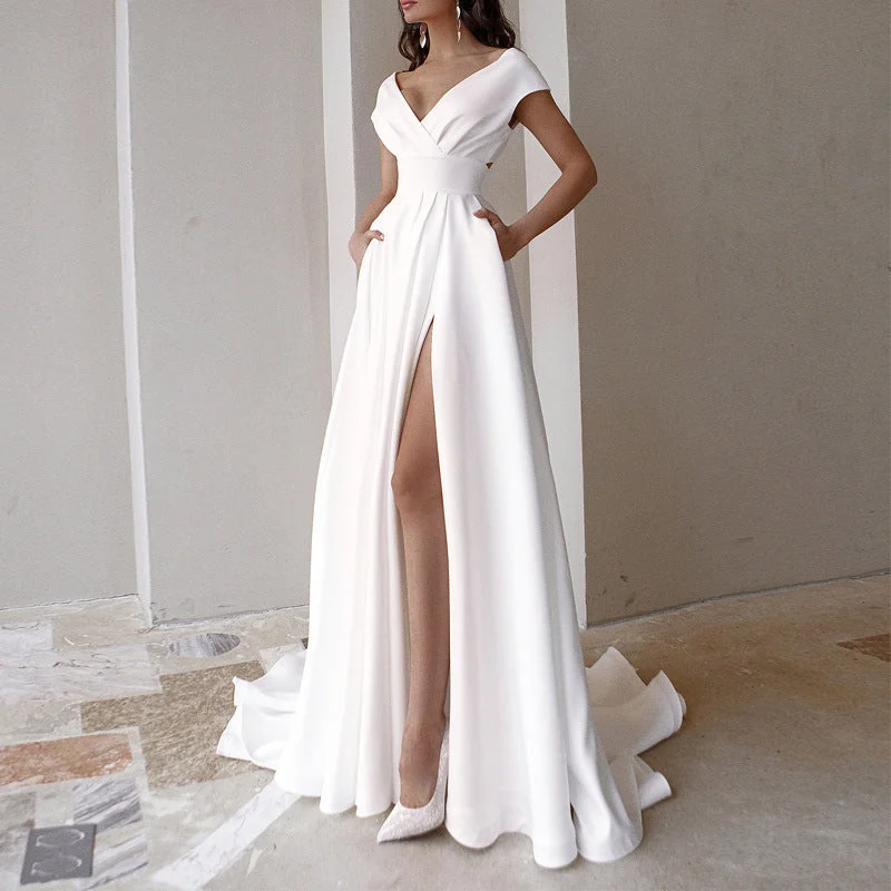 New Arrival 2022 Women White Sexy V-neck Evening Dresses Womens Tailed Party Dress Long Maxi Evening Dress