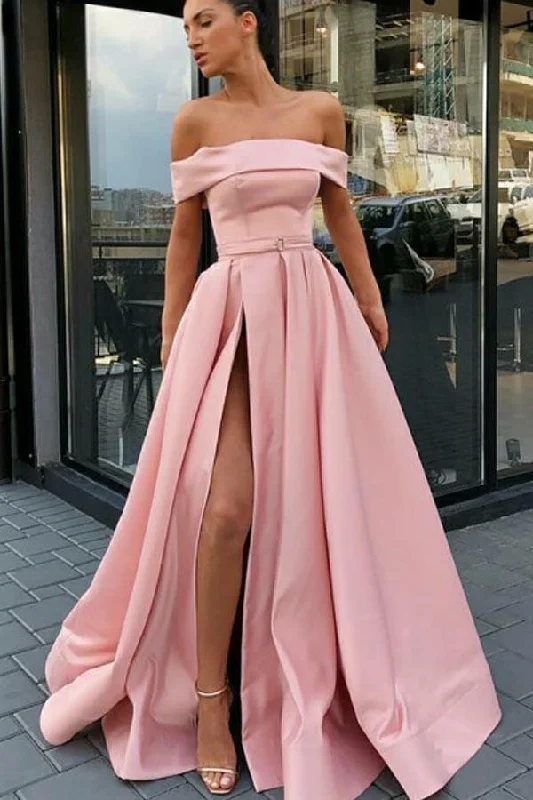 Party dresses with a leatherette material for a tough and stylish appearanceOff the Shoulder A-Line Sweep Train Split Front Pink Prom Dress with Belt PG830 Party dresses with a leatherette material for a tough and stylish appearanceOff the Shoulder A-Line Sweep Train Split Front Pink Prom Dress with Belt PG830