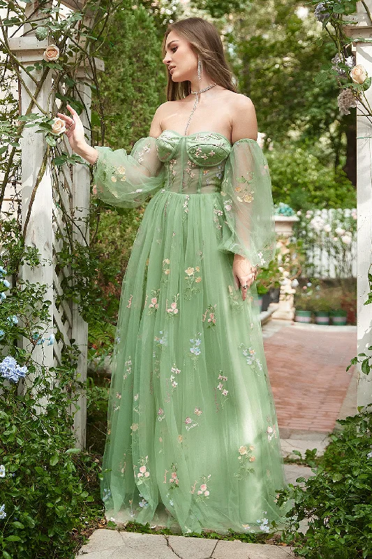 Midi - length party dresses for a modest and fashionable choiceOff The Shoulder Green Long Sleeves A-Line Prom Dress Midi - length party dresses for a modest and fashionable choiceOff The Shoulder Green Long Sleeves A-Line Prom Dress