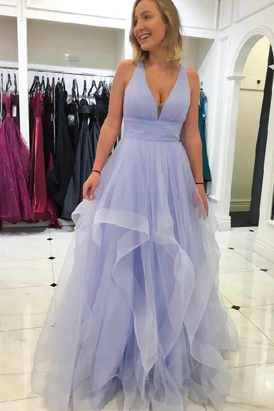 Halter - neck party dresses for a stylish and secure fitPink Ruffled Tulle Long Prom/Evening Dress with Criss Cross Back PG823 Halter - neck party dresses for a stylish and secure fitPink Ruffled Tulle Long Prom/Evening Dress with Criss Cross Back PG823