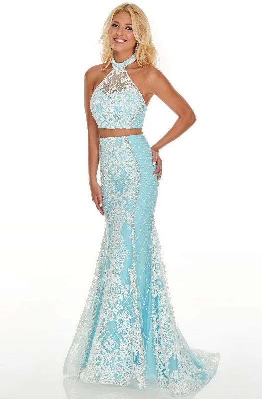 Prom dresses with geometric - cutout sleeves and flowing chiffon fabrics for a modern and airy lookRachel Allan Prom - 7003 Two Piece High Halter Trumpet Dress