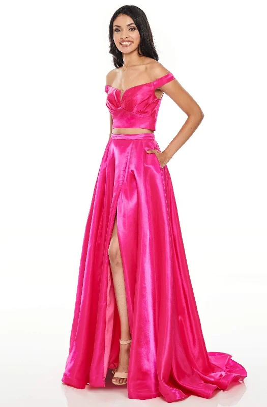Prom dresses with lace - trimmed sleeves and empire - style waists for a flattering and vintage - inspired formal affairRachel Allan Prom - 7185 Two Piece Off-Shoulder A-Line Gown Prom dresses with lace - trimmed sleeves and empire - style waists for a flattering and vintage - inspired formal affairRachel Allan Prom - 7185 Two Piece Off-Shoulder A-Line Gown