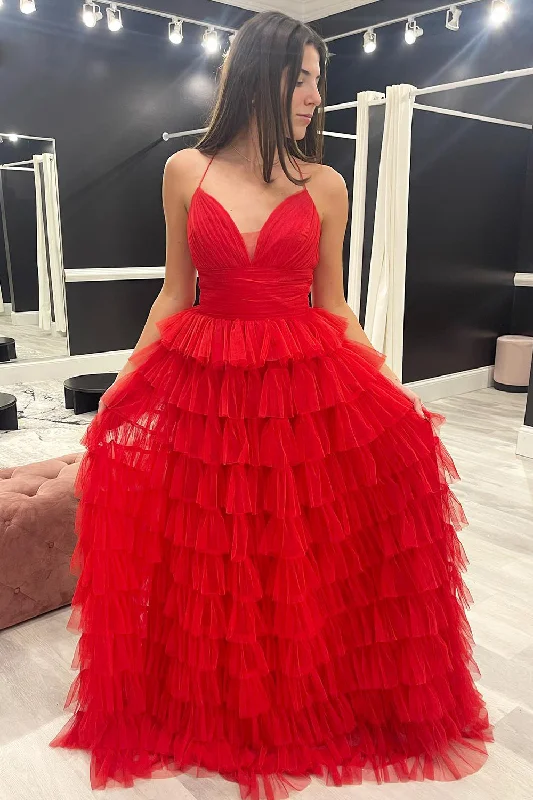 Formal dresses with pleated bodices and taffeta fabric for a traditional lookRed A Line Spaghetti Straps Long Tiered Prom Dress Formal dresses with pleated bodices and taffeta fabric for a traditional lookRed A Line Spaghetti Straps Long Tiered Prom Dress