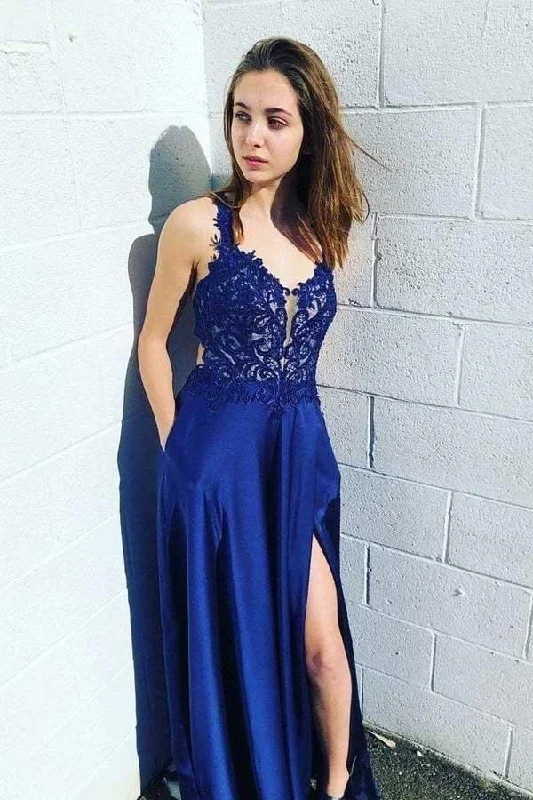 Empire - waist party dresses to accentuate the waistlineRoyal Blue Lace Satin Prom Dresses Side Split Evening Dresses PG820 Empire - waist party dresses to accentuate the waistlineRoyal Blue Lace Satin Prom Dresses Side Split Evening Dresses PG820