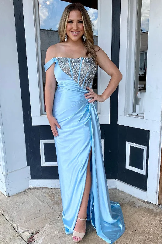 Party dresses with a peplum waist for a feminine and flattering silhouetteSatin Light Blue Beaded Prom Dress with Corset Party dresses with a peplum waist for a feminine and flattering silhouetteSatin Light Blue Beaded Prom Dress with Corset