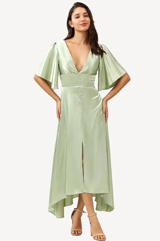 Party dresses with a fringed detail for a fun and dynamic styleSatin Light Green Long Prom Dress with Button Party dresses with a fringed detail for a fun and dynamic styleSatin Light Green Long Prom Dress with Button