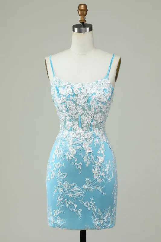 Party dresses with a cut - out design for a daring and edgy styleSheath Spaghetti Straps Light Blue Short Prom Dress with Appliques Party dresses with a cut - out design for a daring and edgy styleSheath Spaghetti Straps Light Blue Short Prom Dress with Appliques