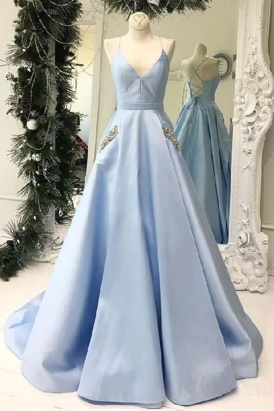 Party dresses with a mermaid silhouette for a figure - hugging fitSimple V Neck Sky Blue Satin Long Prom Dresses with Pocket PG807 Party dresses with a mermaid silhouette for a figure - hugging fitSimple V Neck Sky Blue Satin Long Prom Dresses with Pocket PG807