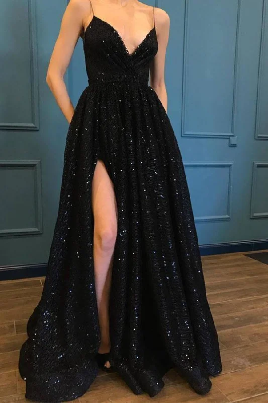 Gothic - style party dresses for a dark and mysterious lookSpaghetti Strap Sparkle Popular Black Long Prom Dress PG835 Gothic - style party dresses for a dark and mysterious lookSpaghetti Strap Sparkle Popular Black Long Prom Dress PG835