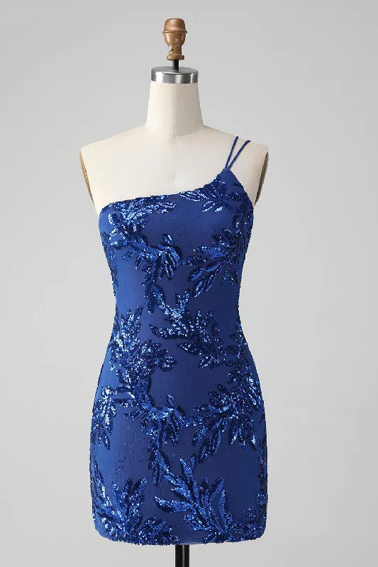 Tea - length party dresses for a sophisticated and versatile optionSparkly Bodycon Royal Blue One Shoulder Sequins Party Dress with Embroidery Tea - length party dresses for a sophisticated and versatile optionSparkly Bodycon Royal Blue One Shoulder Sequins Party Dress with Embroidery