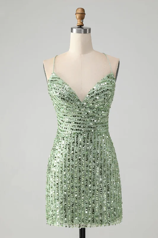 Retro - style party dresses inspired by the 1920s - 1980sSparkly Green Bodycon Sequins Lace Up Short Prom Dress Retro - style party dresses inspired by the 1920s - 1980sSparkly Green Bodycon Sequins Lace Up Short Prom Dress