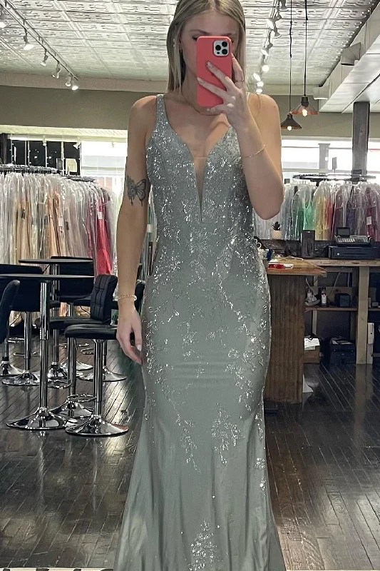 Formal dresses with pleated yokes and button - up fronts for a classic and refined lookSparkly Grey Mermaid Backless Long Prom Dress With Sequins Formal dresses with pleated yokes and button - up fronts for a classic and refined lookSparkly Grey Mermaid Backless Long Prom Dress With Sequins