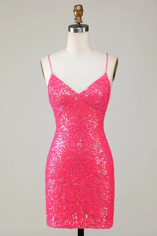 Party dresses with a handkerchief hem for a unique and flowing style​Sparkly Lace-Up Back Fuchsia Short Prom Dress