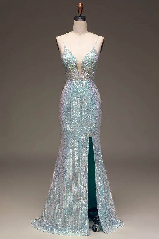 Party dresses with a unique neckline, like a sweetheart or square neckSparkly Mermaid Grey Blue Sequins Prom Dress with Split Front Party dresses with a unique neckline, like a sweetheart or square neckSparkly Mermaid Grey Blue Sequins Prom Dress with Split Front