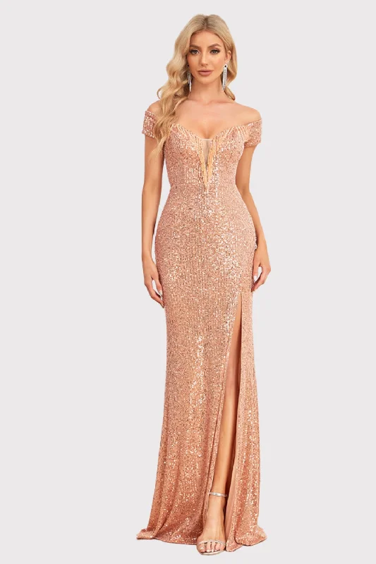 Party dresses with a pom - pom trim for a fun and festive touchSparkly Off The Shoulder Blush Long Prom Dress with Slit Party dresses with a pom - pom trim for a fun and festive touchSparkly Off The Shoulder Blush Long Prom Dress with Slit